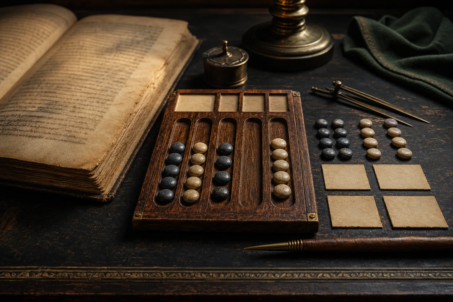 An unlabeled counting board, grouped stones, blank parchment tiles, and an old manuscript arranged for careful calculation.
