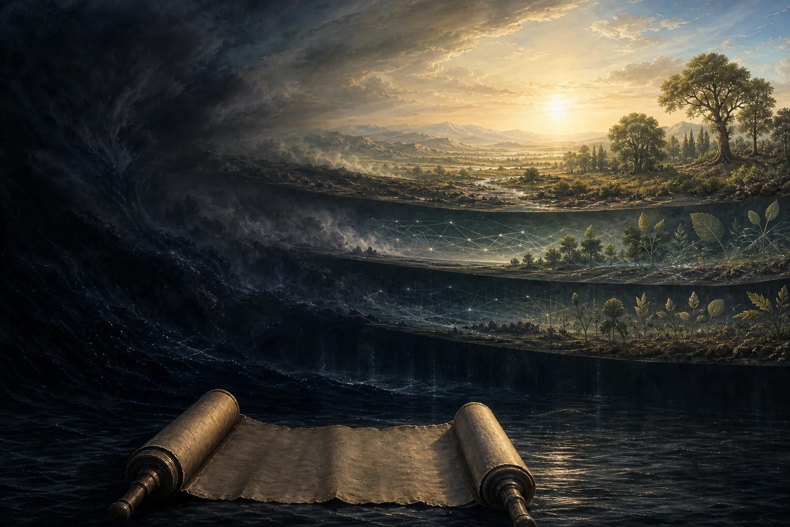 An open scroll before layered darkness, water, emerging land, ordered light, and growing life.
