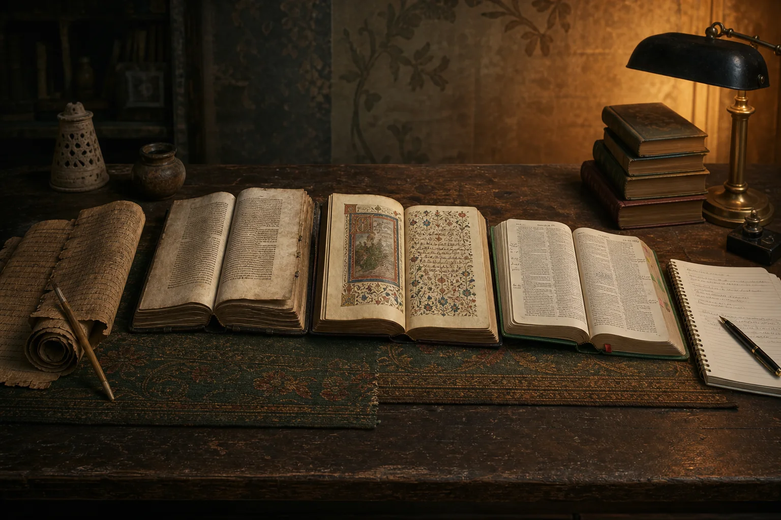 A chronological still life of a papyrus scroll, ancient codex, illuminated manuscript, printed study Bible, and modern notebook.