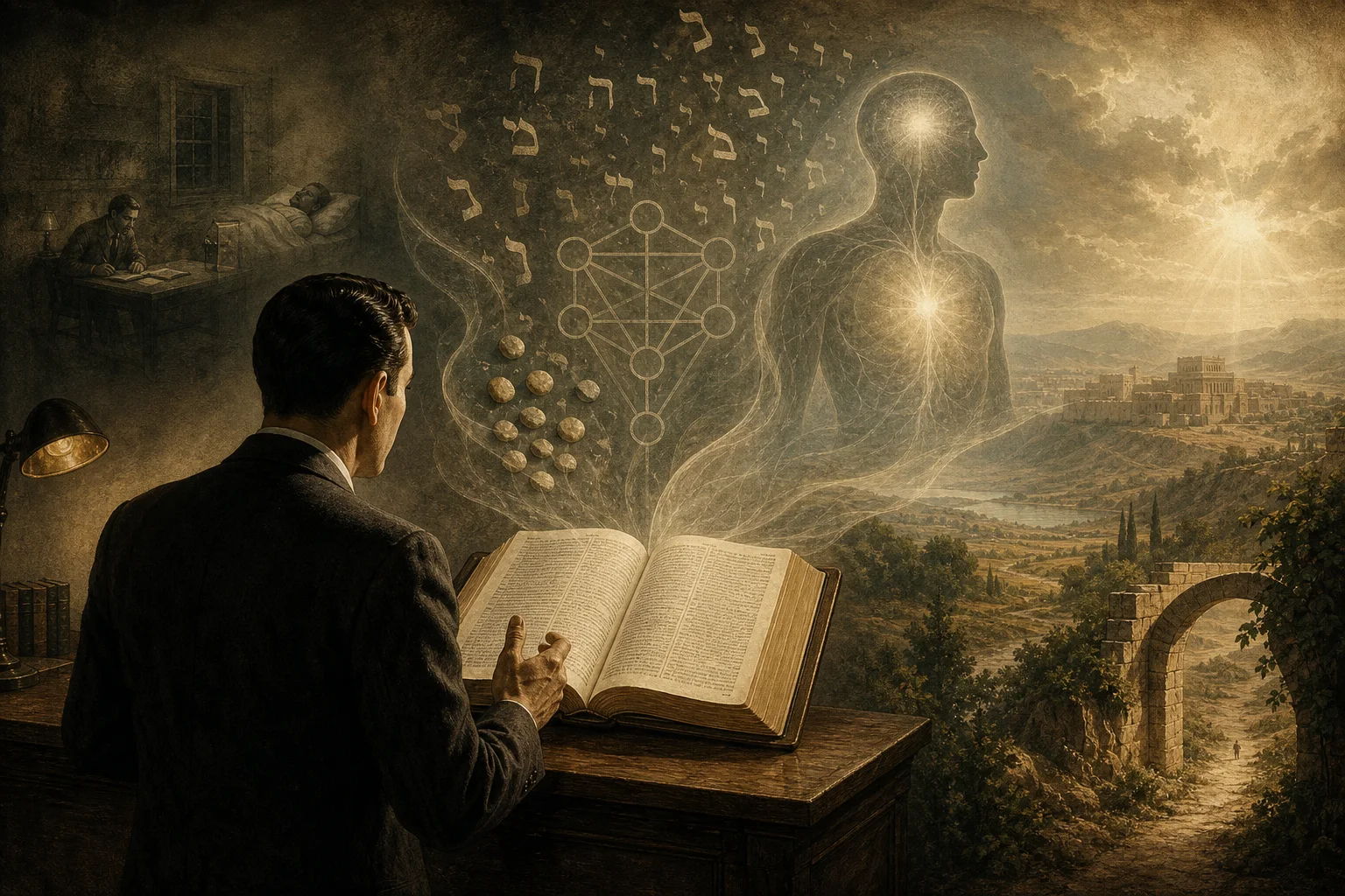 A mid-century Bible reader studies an open book as Hebrew forms, branching geometry, counting stones, and an illuminated inner person emerge from its pages.