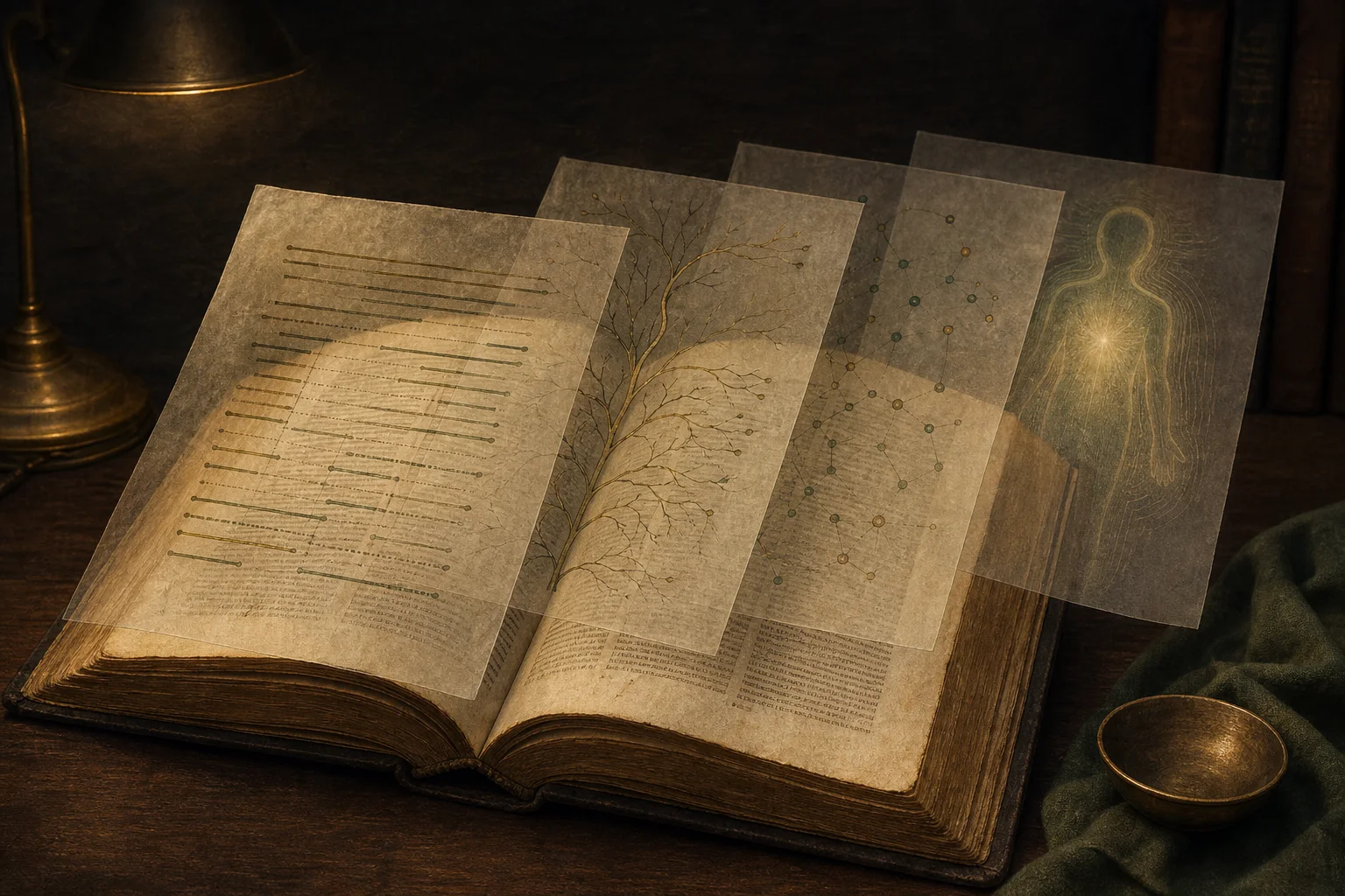 An open Bible beneath translucent layers showing textual, branching, numerical, and inward patterns.
