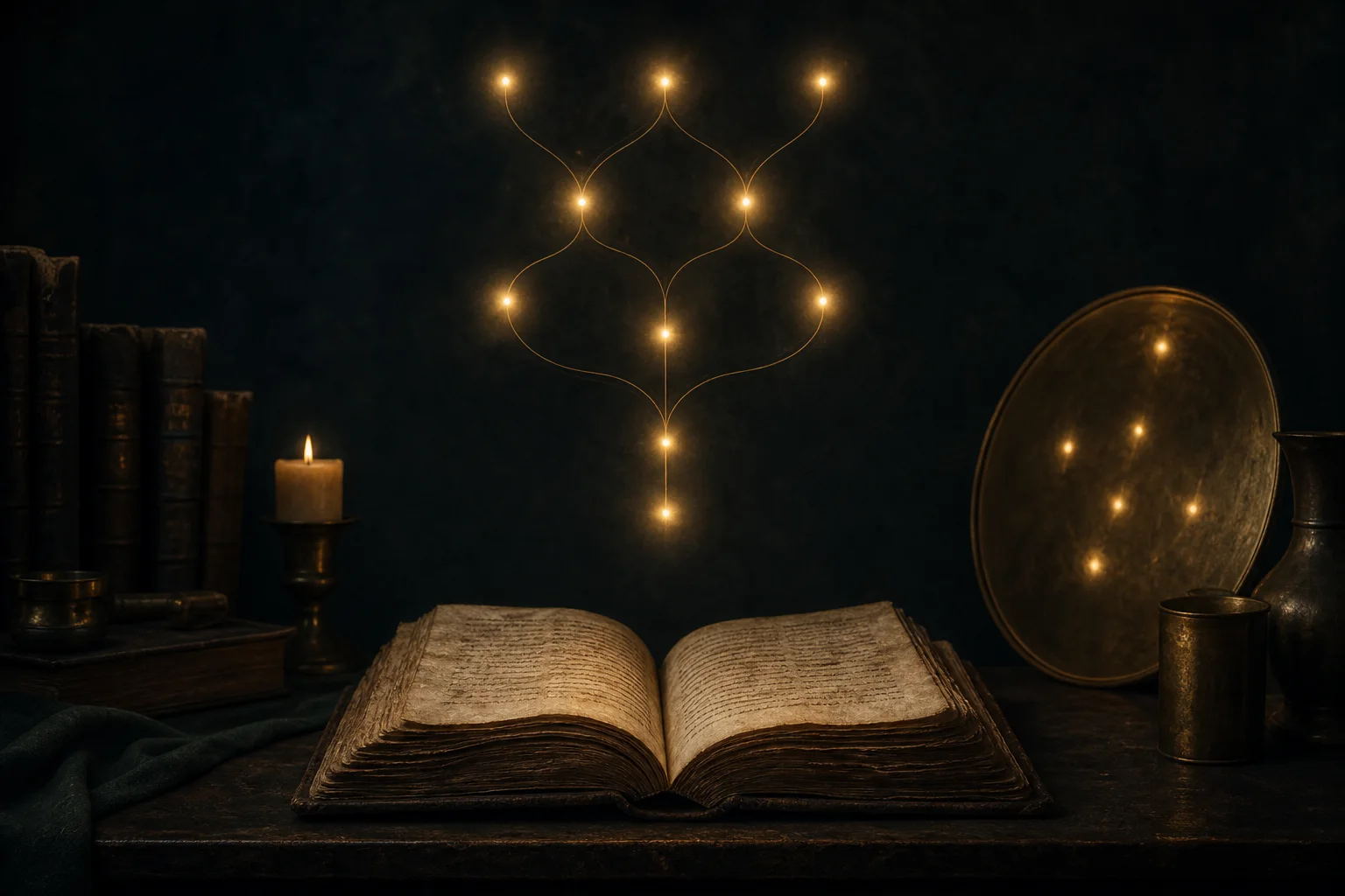 An old manuscript beneath a restrained branching arrangement of ten lights, reflected in a brass disc.